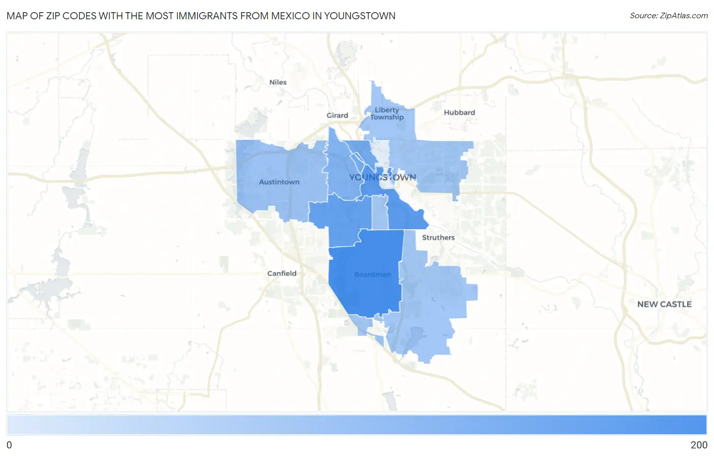 Zip Codes with the Most Immigrants from Mexico in Youngstown Map