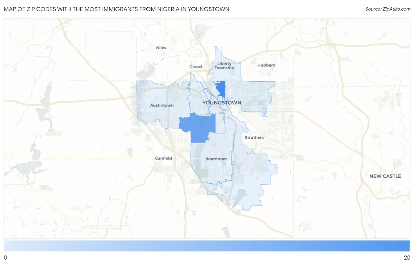 Zip Codes with the Most Immigrants from Nigeria in Youngstown Map