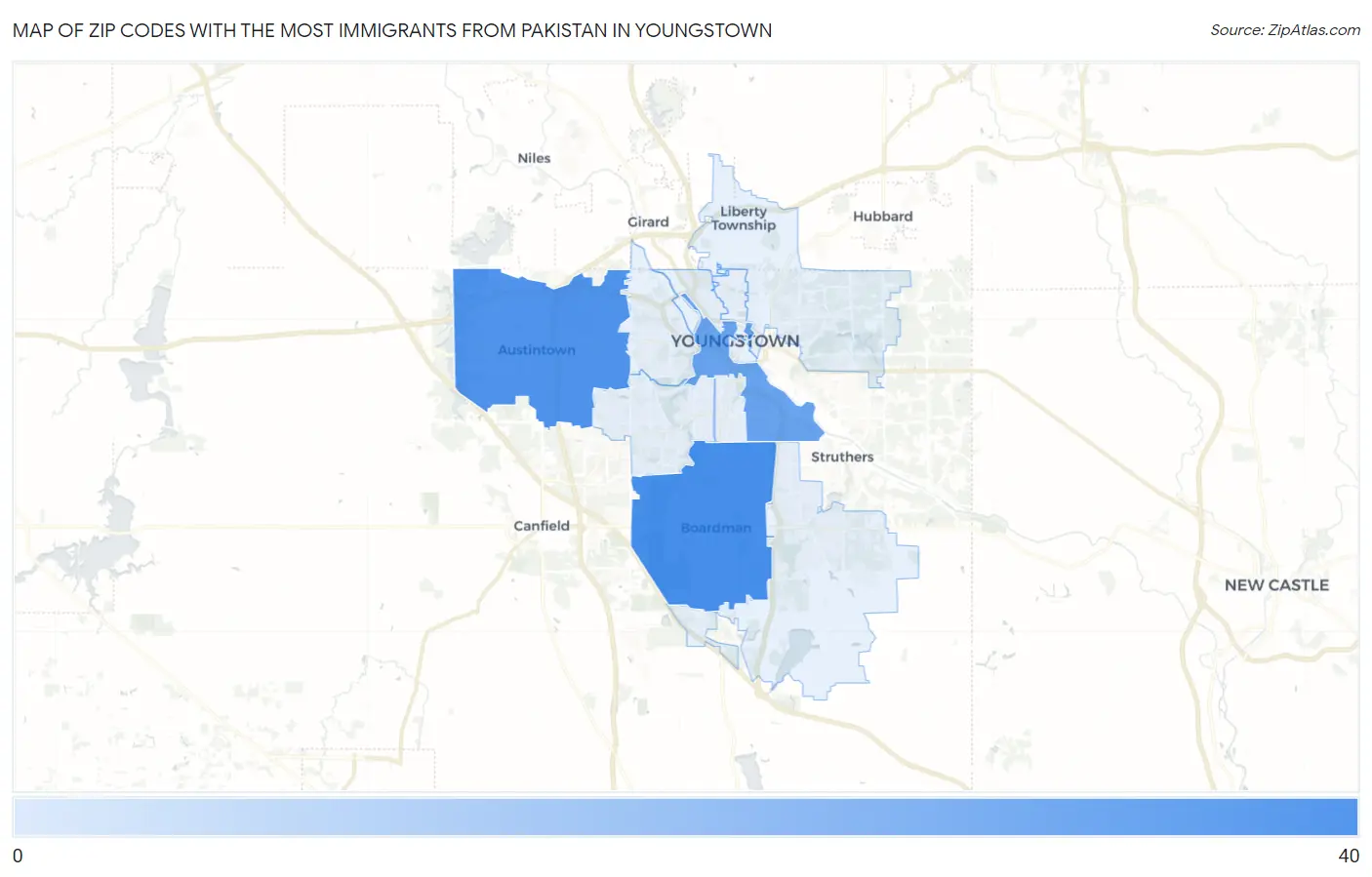 Zip Codes with the Most Immigrants from Pakistan in Youngstown Map