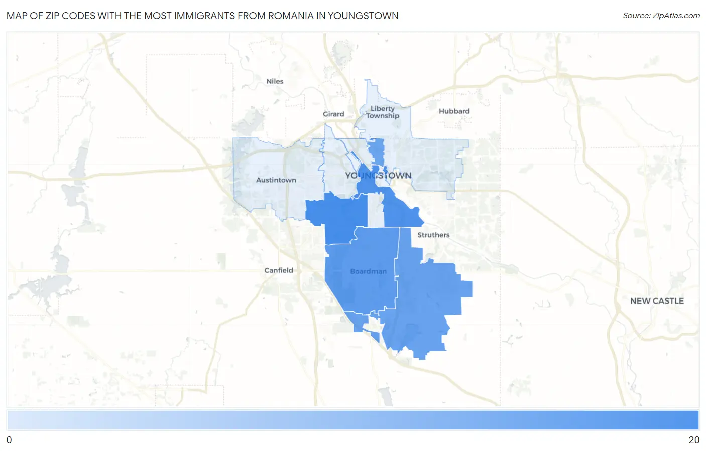 Zip Codes with the Most Immigrants from Romania in Youngstown Map