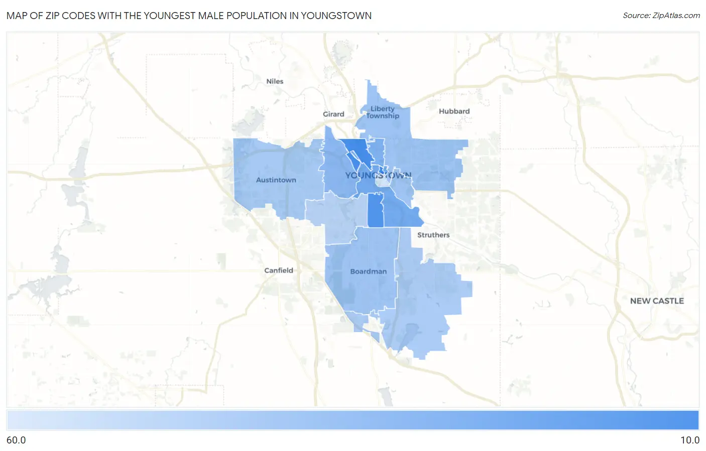 Zip Codes with the Youngest Male Population in Youngstown Map