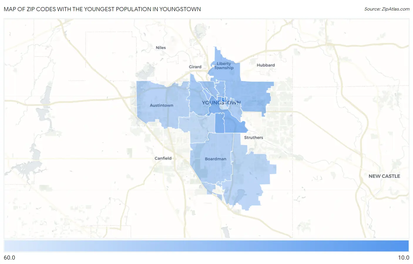 Zip Codes with the Youngest Population in Youngstown Map