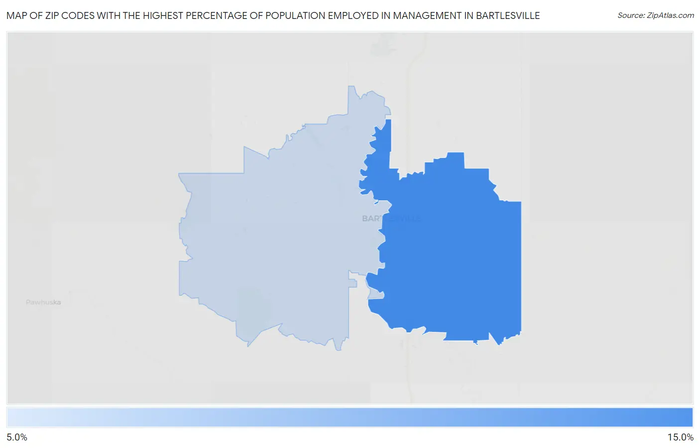 Zip Codes with the Highest Percentage of Population Employed in Management in Bartlesville Map
