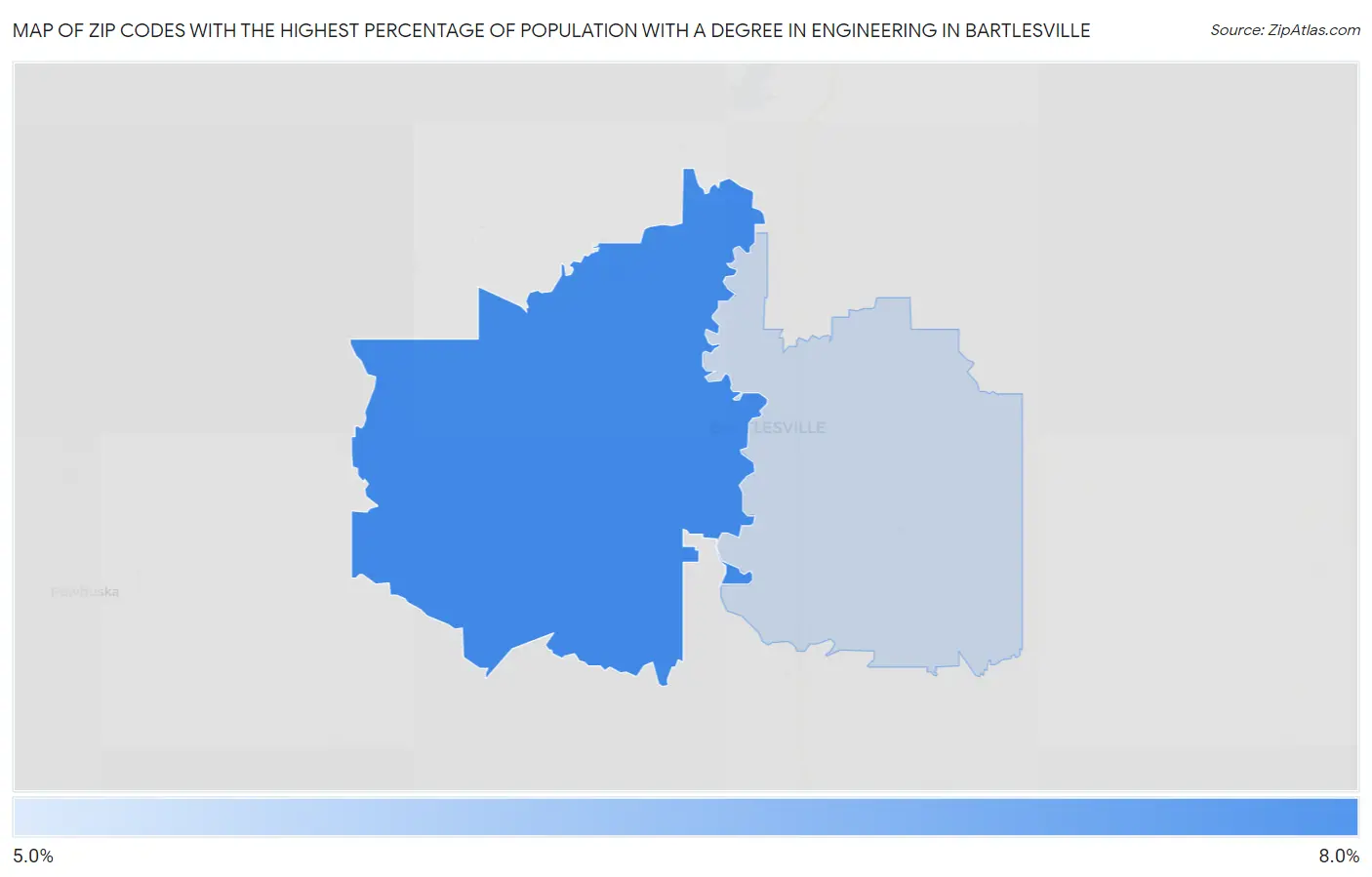 Zip Codes with the Highest Percentage of Population with a Degree in Engineering in Bartlesville Map