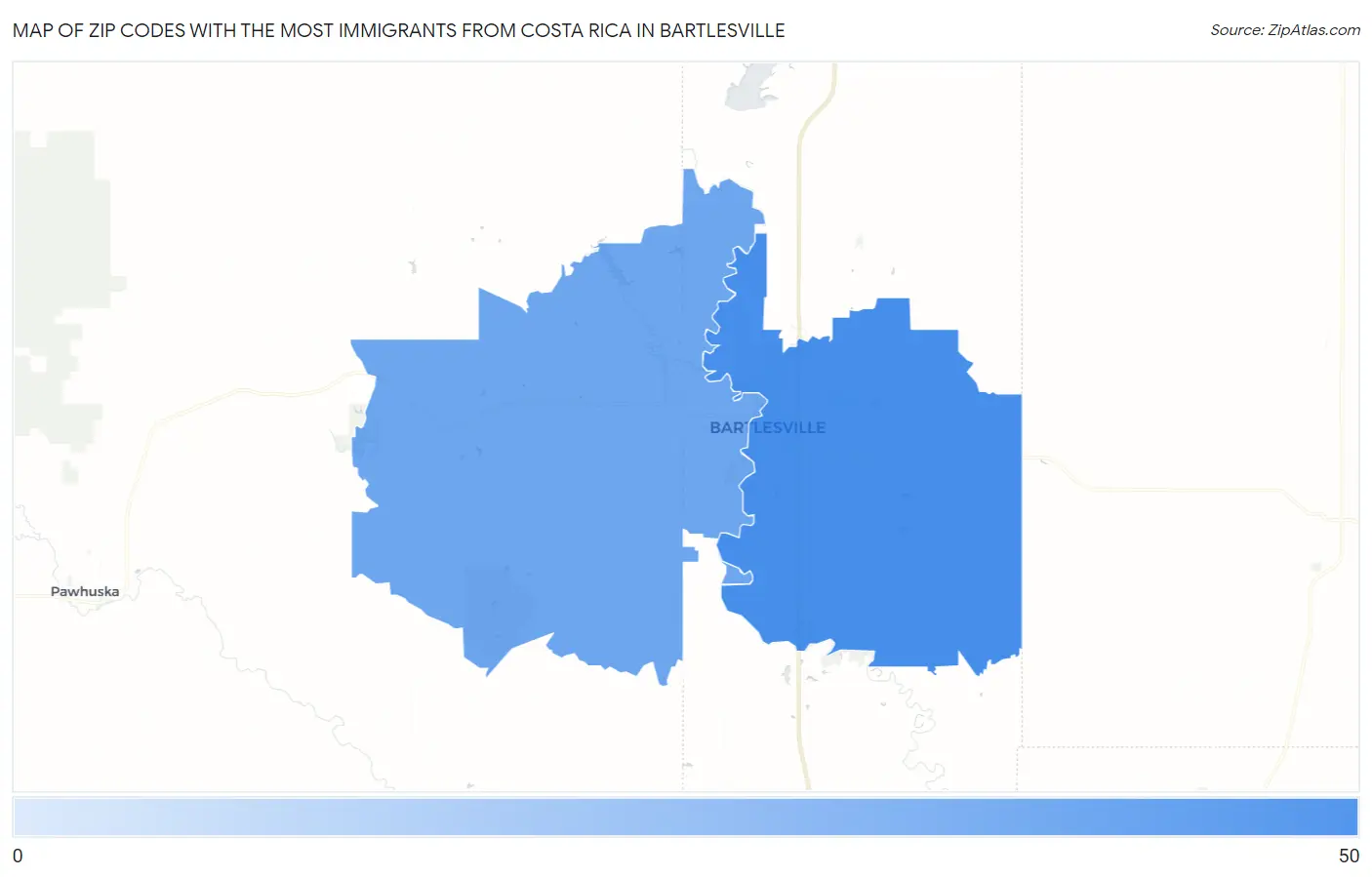 Zip Codes with the Most Immigrants from Costa Rica in Bartlesville Map