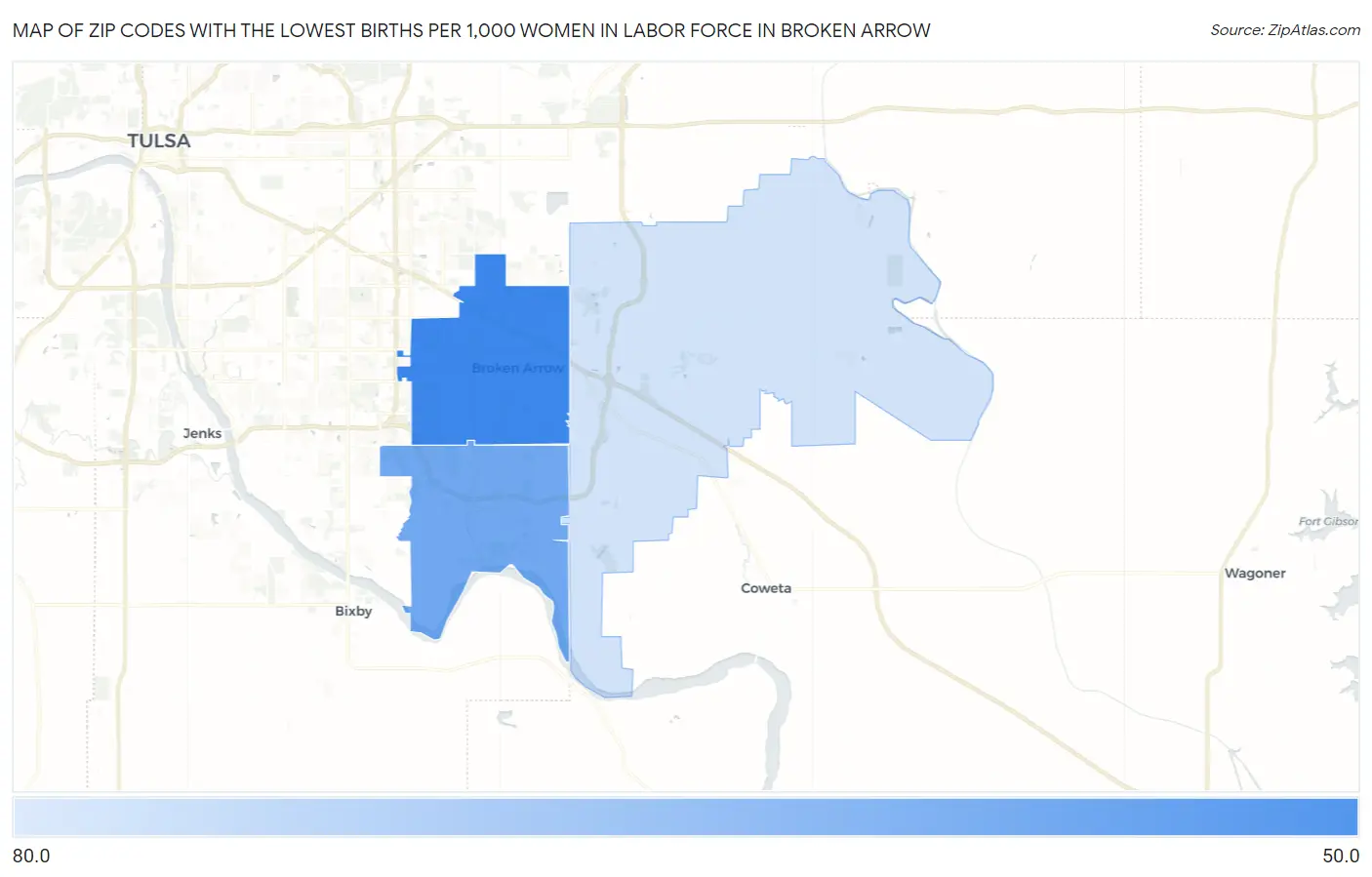 Zip Codes with the Lowest Births per 1,000 Women in Labor Force in Broken Arrow Map