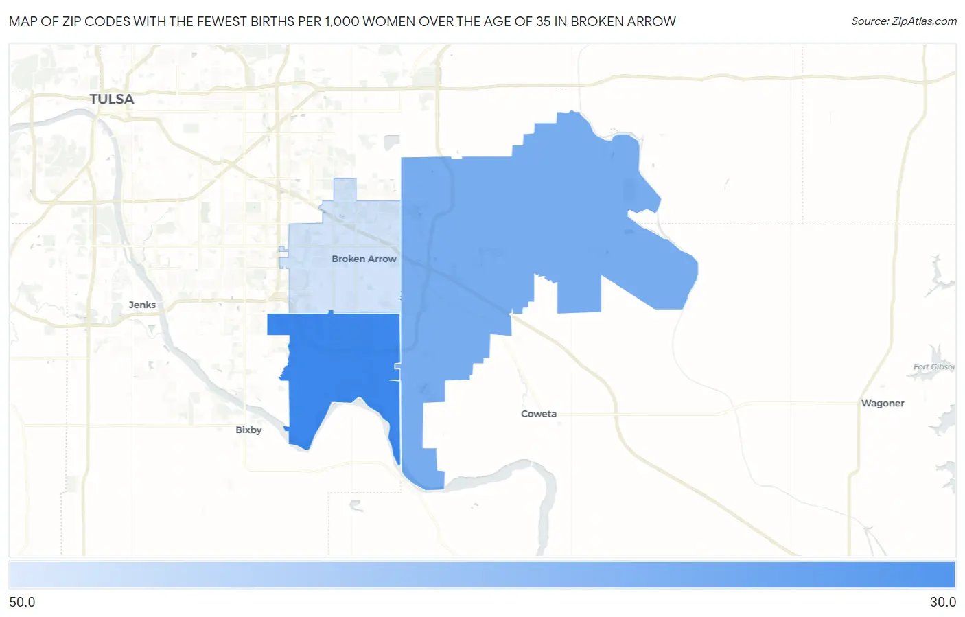 Zip Codes with the Fewest Births per 1,000 Women Over the Age of 35 in Broken Arrow Map