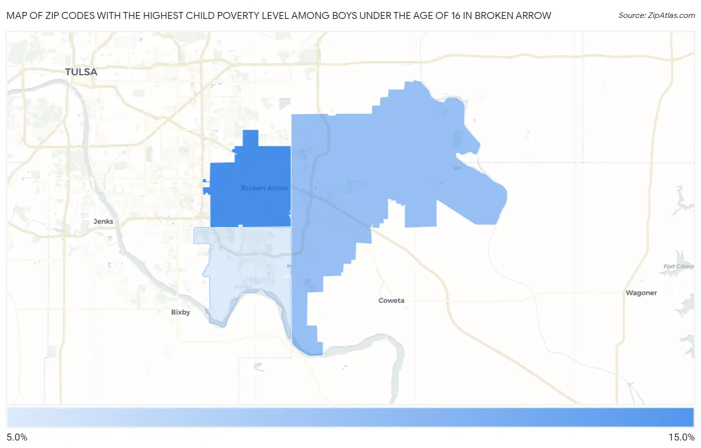 Zip Codes with the Highest Child Poverty Level Among Boys Under the Age of 16 in Broken Arrow Map