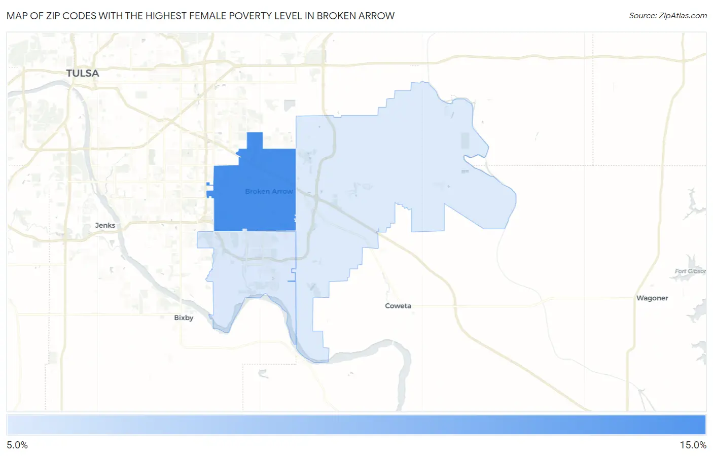 Zip Codes with the Highest Female Poverty Level in Broken Arrow Map