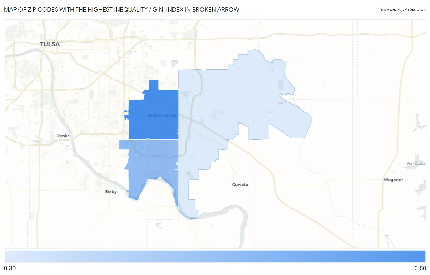 Zip Codes with the Highest Inequality / Gini Index in Broken Arrow Map