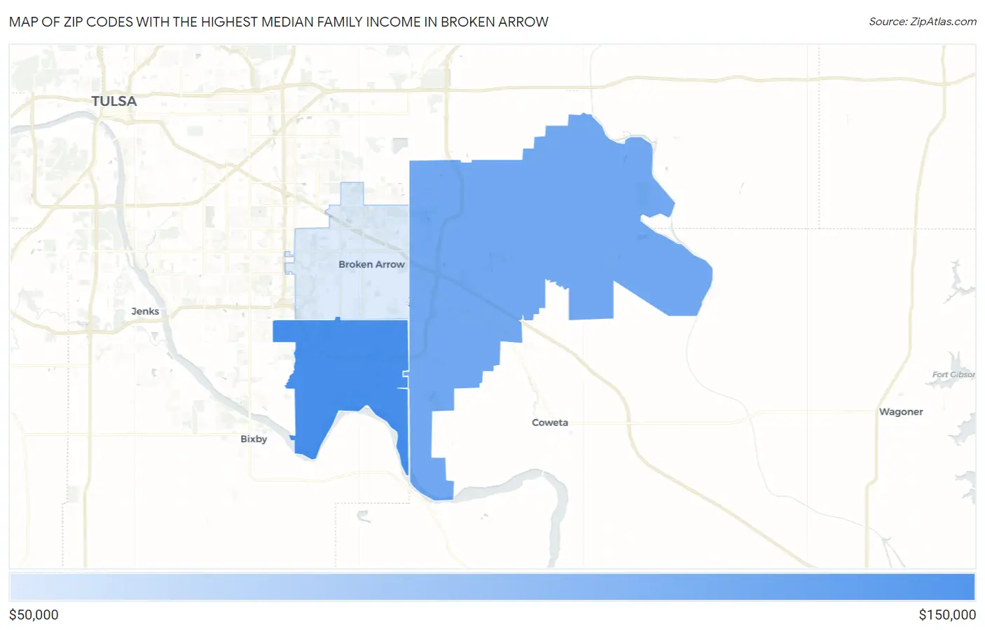 Zip Codes with the Highest Median Family Income in Broken Arrow Map