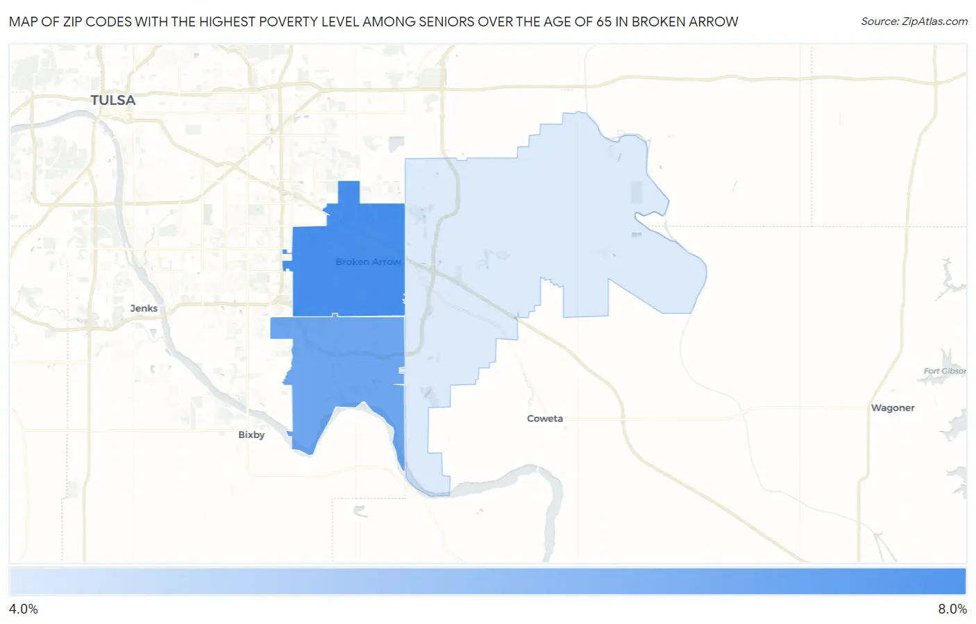 Zip Codes with the Highest Poverty Level Among Seniors Over the Age of 65 in Broken Arrow Map