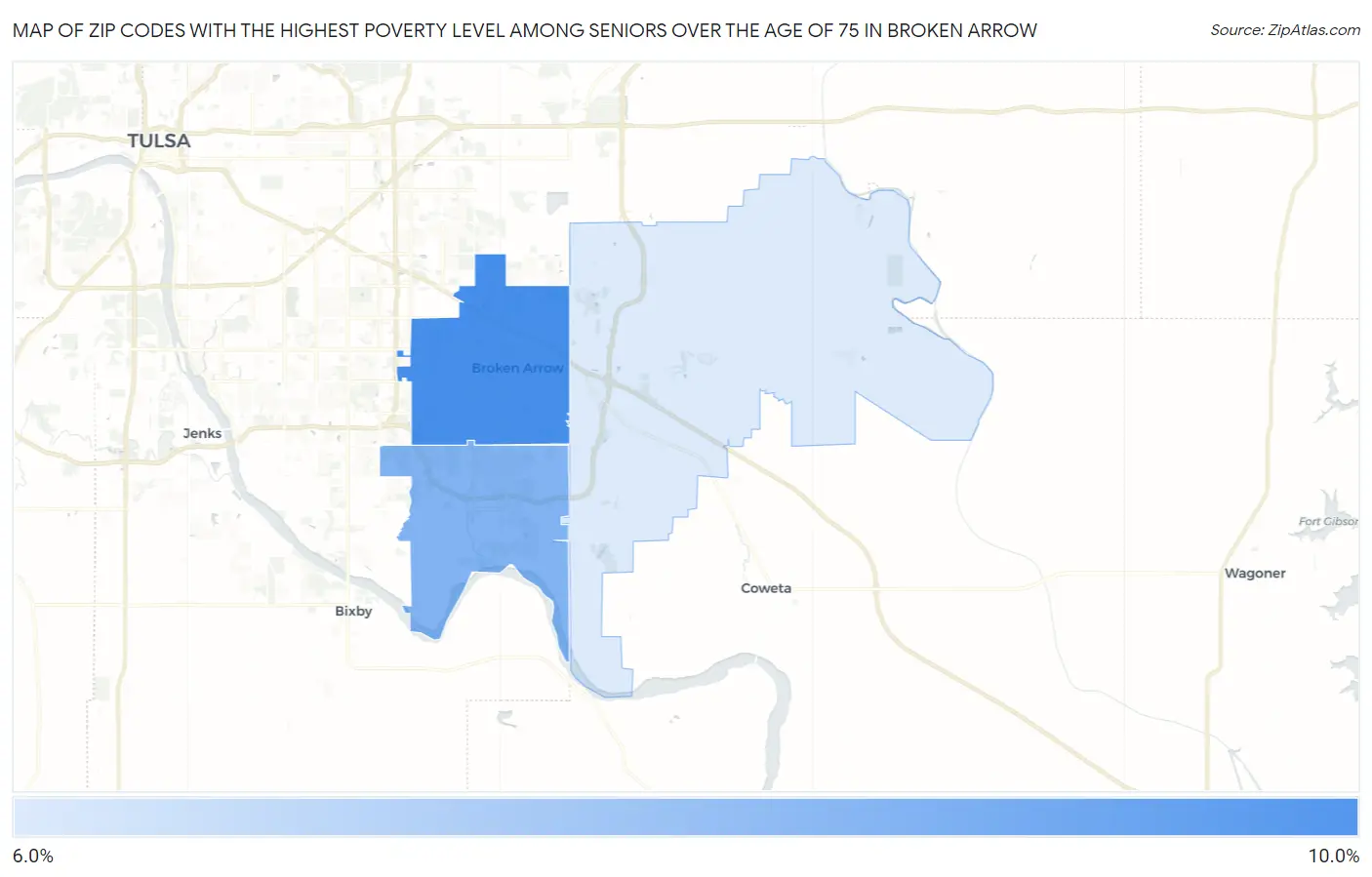 Zip Codes with the Highest Poverty Level Among Seniors Over the Age of 75 in Broken Arrow Map