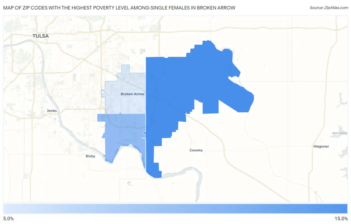 Zip Codes with the Highest Poverty Level Among Single Females in Broken Arrow Map