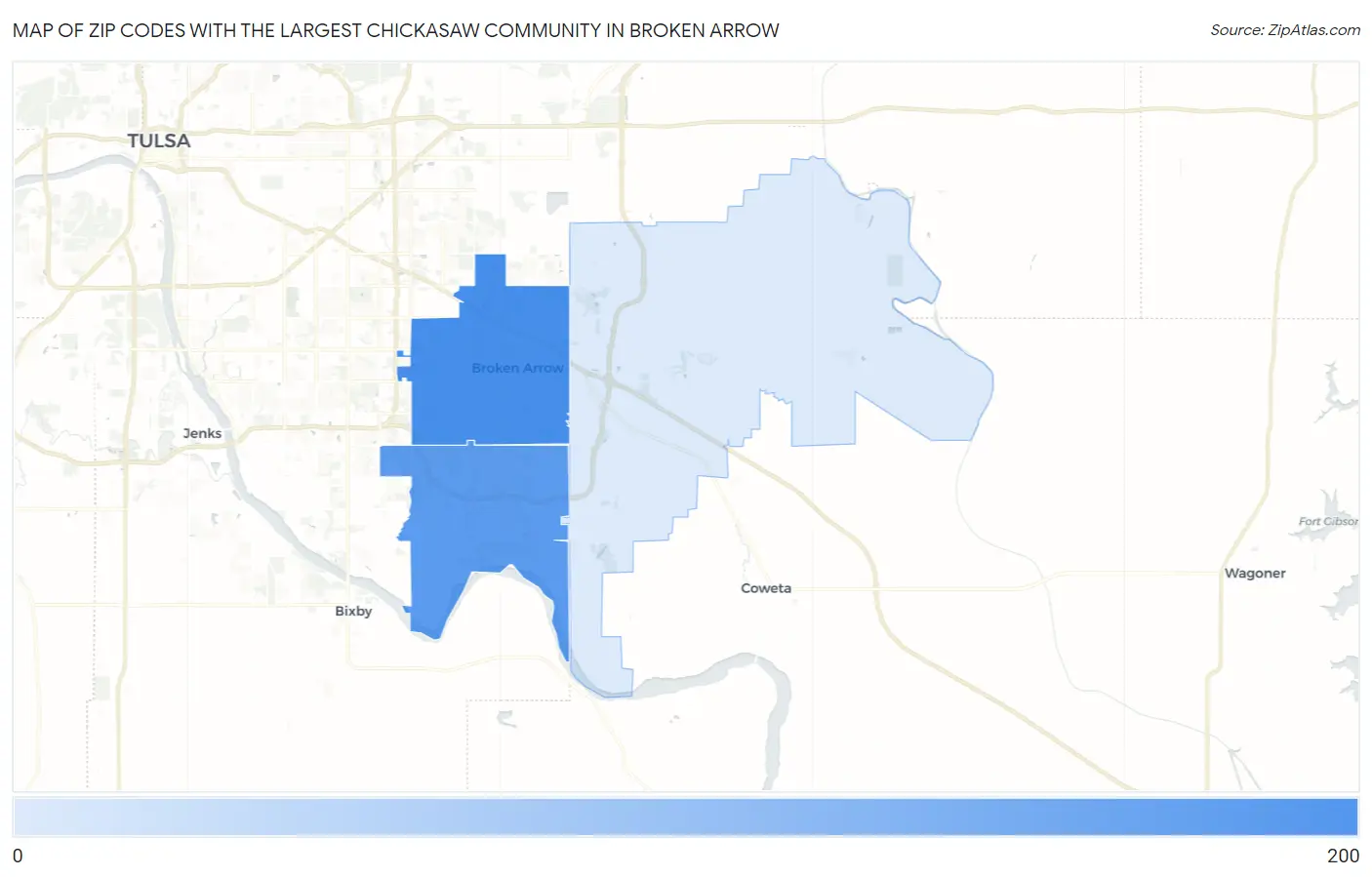 Zip Codes with the Largest Chickasaw Community in Broken Arrow Map