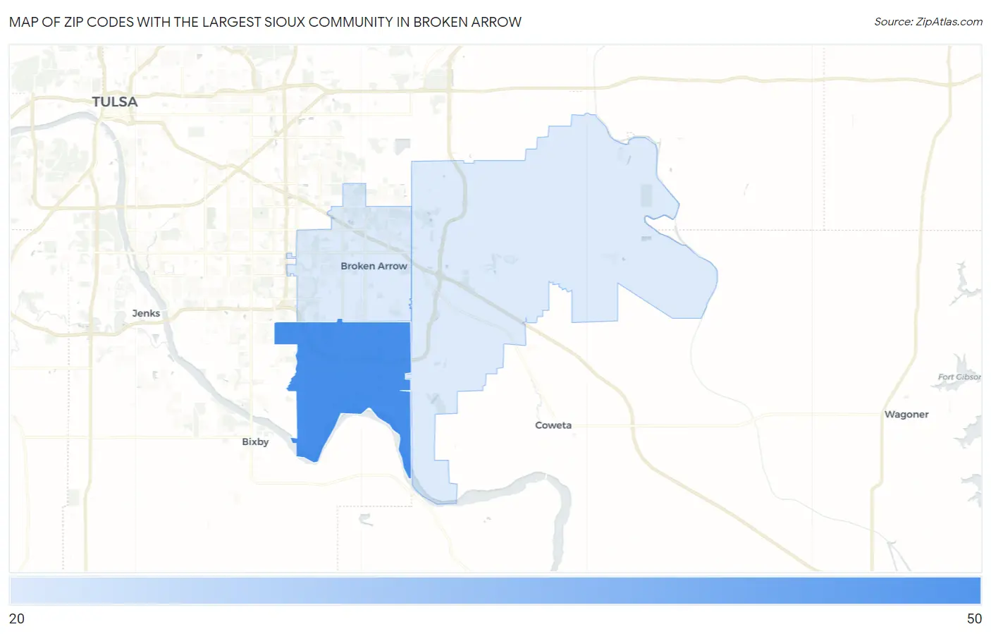 Zip Codes with the Largest Sioux Community in Broken Arrow Map