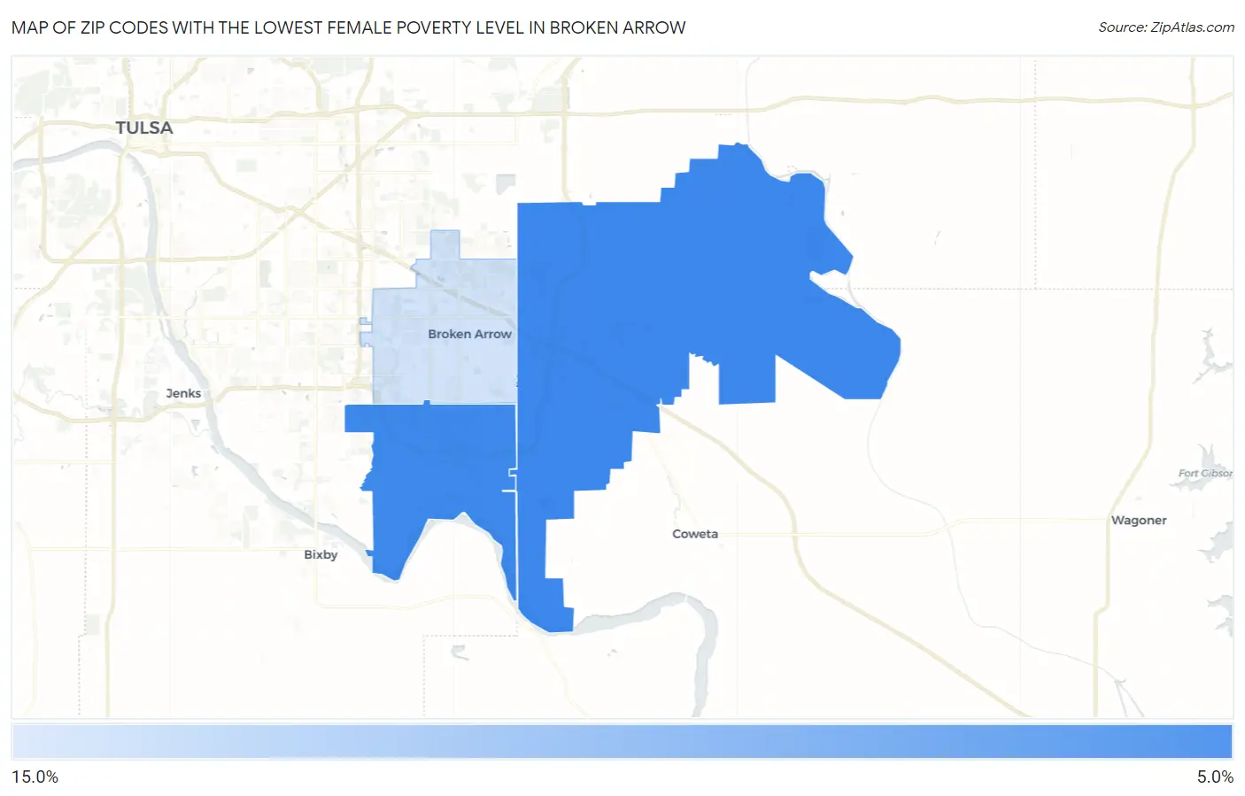 Zip Codes with the Lowest Female Poverty Level in Broken Arrow Map