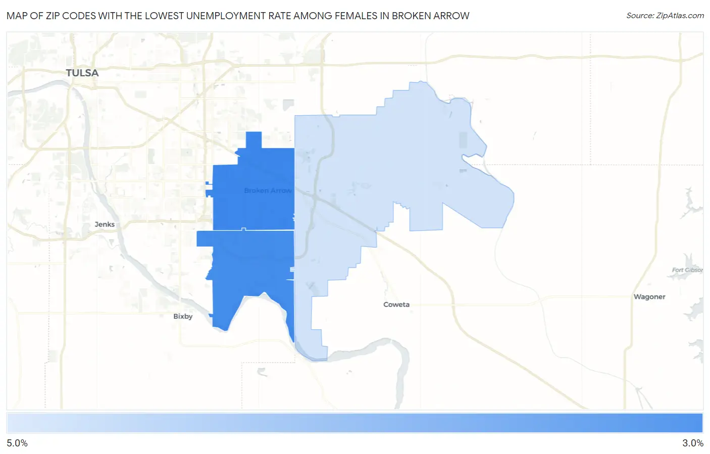 Zip Codes with the Lowest Unemployment Rate Among Females in Broken Arrow Map