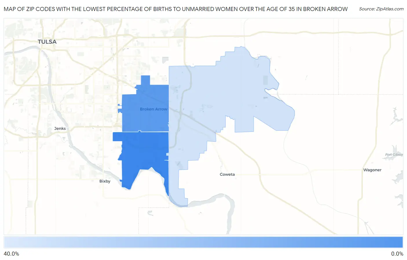 Zip Codes with the Lowest Percentage of Births to Unmarried Women over the Age of 35 in Broken Arrow Map