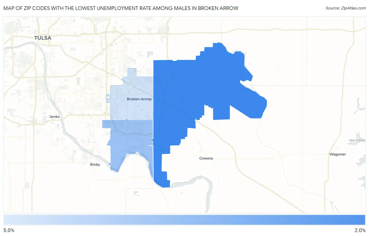 Zip Codes with the Lowest Unemployment Rate Among Males in Broken Arrow Map