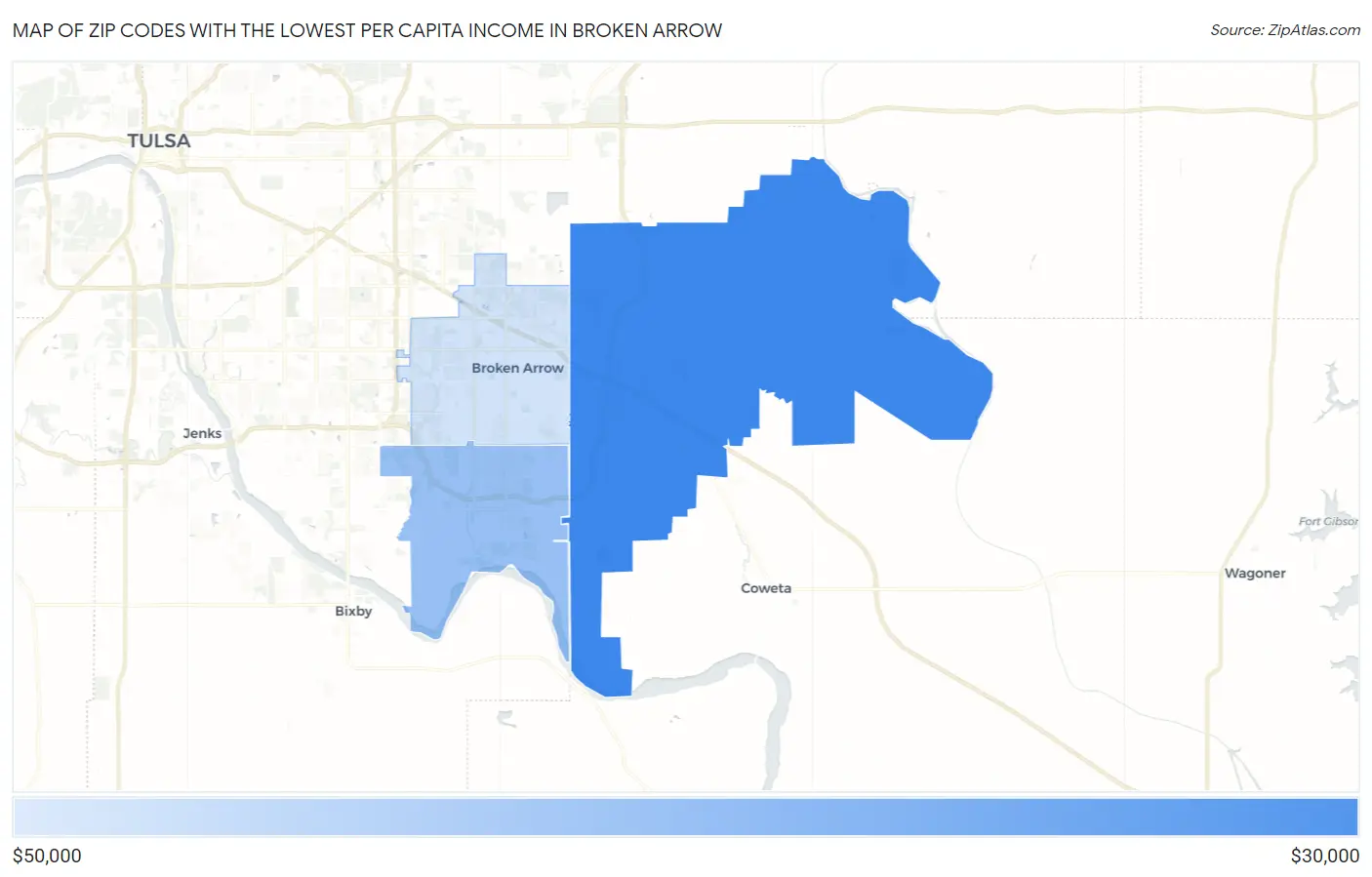 Zip Codes with the Lowest Per Capita Income in Broken Arrow Map