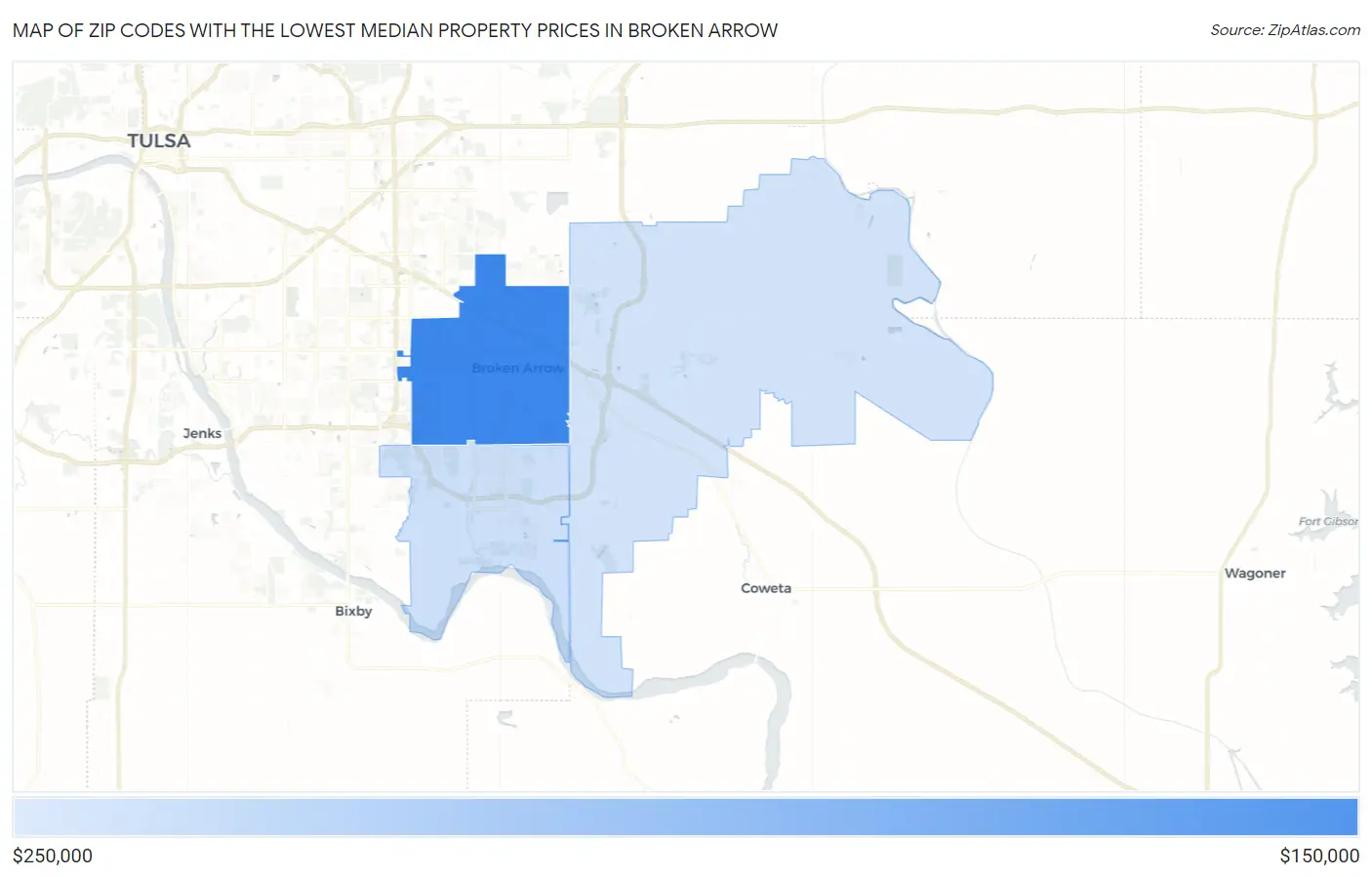 Zip Codes with the Lowest Median Property Prices in Broken Arrow Map
