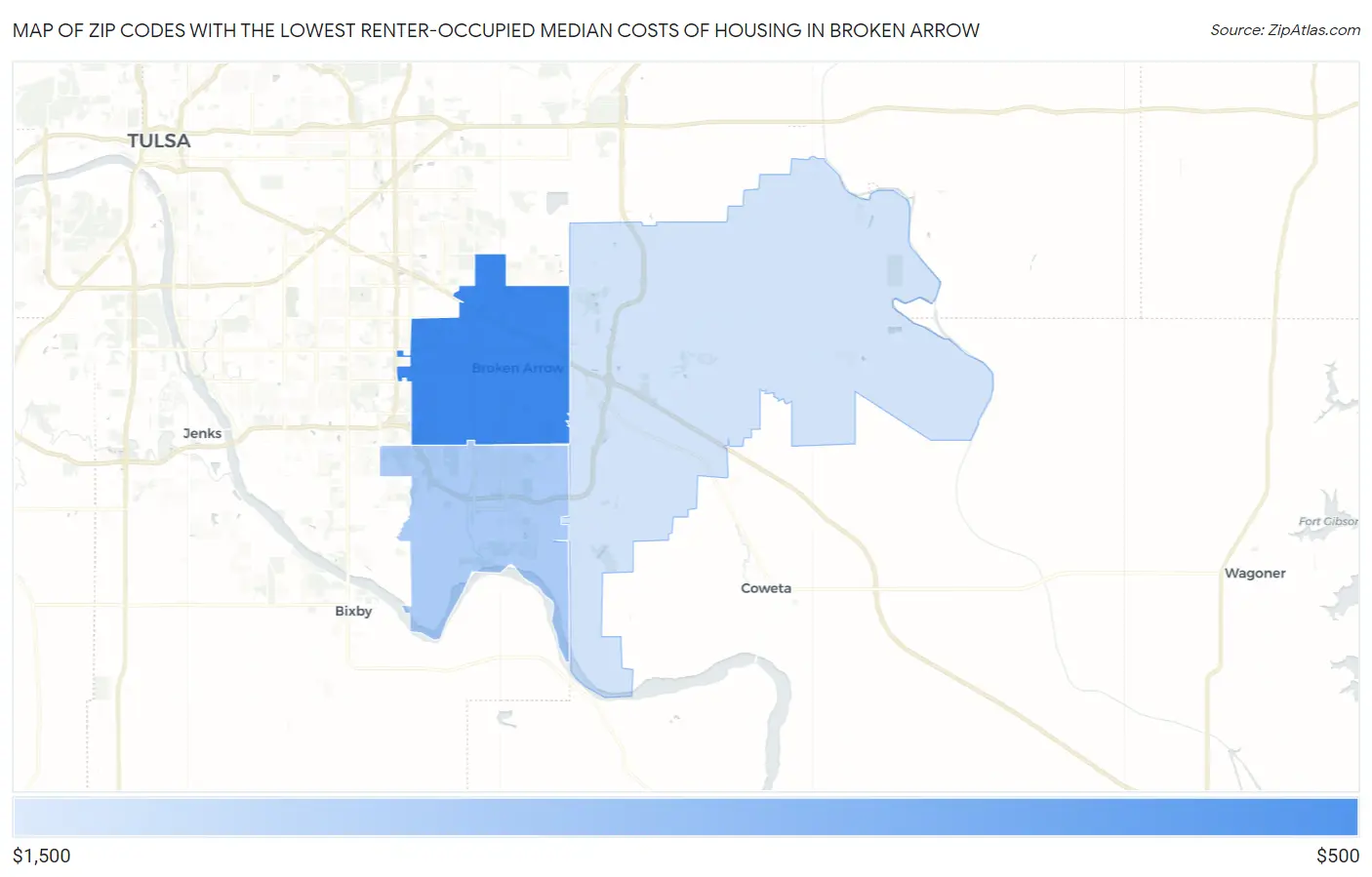 Zip Codes with the Lowest Renter-Occupied Median Costs of Housing in Broken Arrow Map