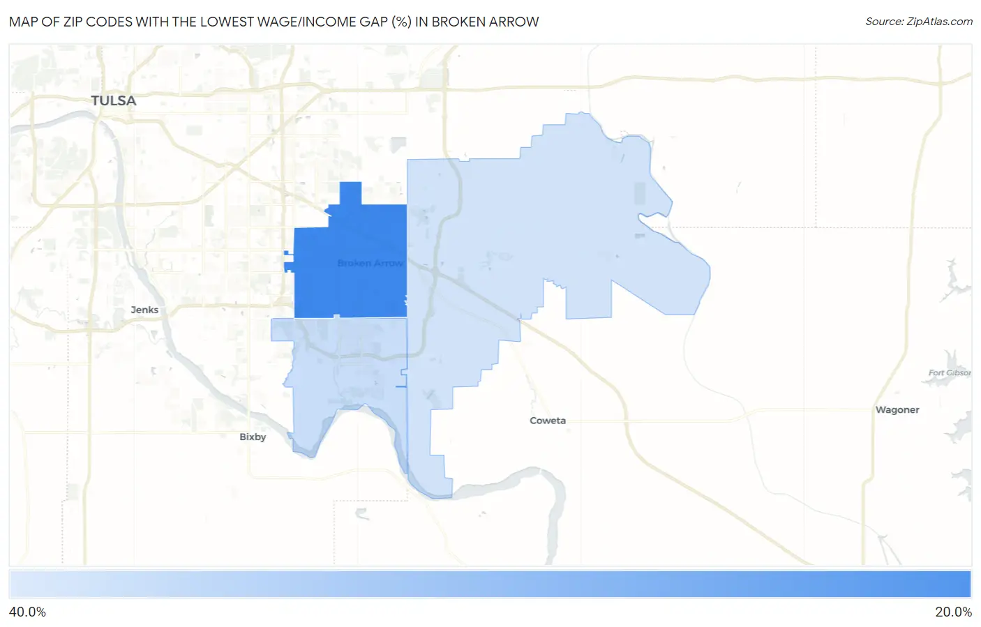 Zip Codes with the Lowest Wage/Income Gap (%) in Broken Arrow Map