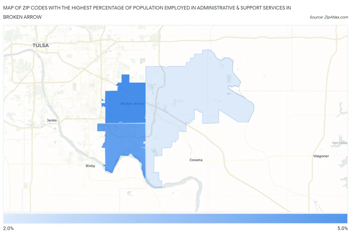 Zip Codes with the Highest Percentage of Population Employed in Administrative & Support Services in Broken Arrow Map