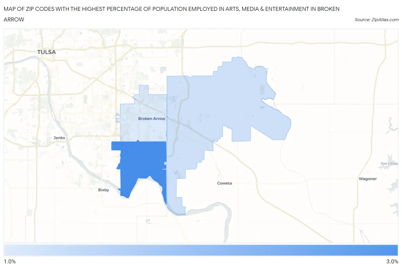 Zip Codes with the Highest Percentage of Population Employed in Arts, Media & Entertainment in Broken Arrow Map