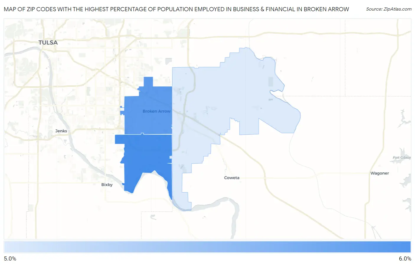 Zip Codes with the Highest Percentage of Population Employed in Business & Financial in Broken Arrow Map