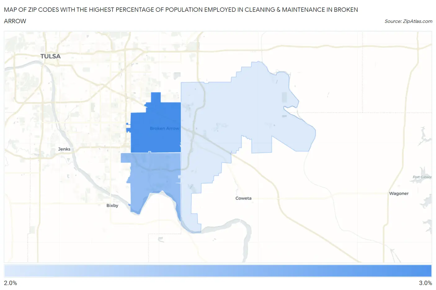 Zip Codes with the Highest Percentage of Population Employed in Cleaning & Maintenance in Broken Arrow Map