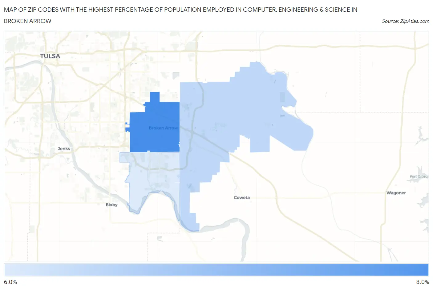 Zip Codes with the Highest Percentage of Population Employed in Computer, Engineering & Science in Broken Arrow Map