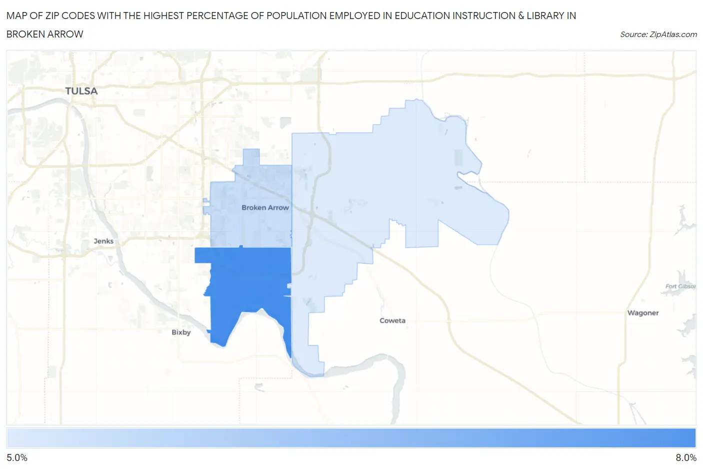Zip Codes with the Highest Percentage of Population Employed in Education Instruction & Library in Broken Arrow Map