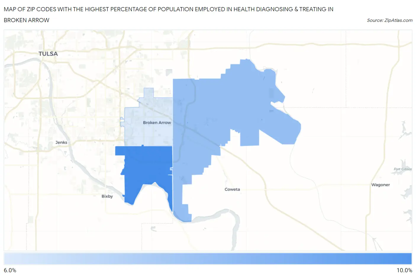 Zip Codes with the Highest Percentage of Population Employed in Health Diagnosing & Treating in Broken Arrow Map