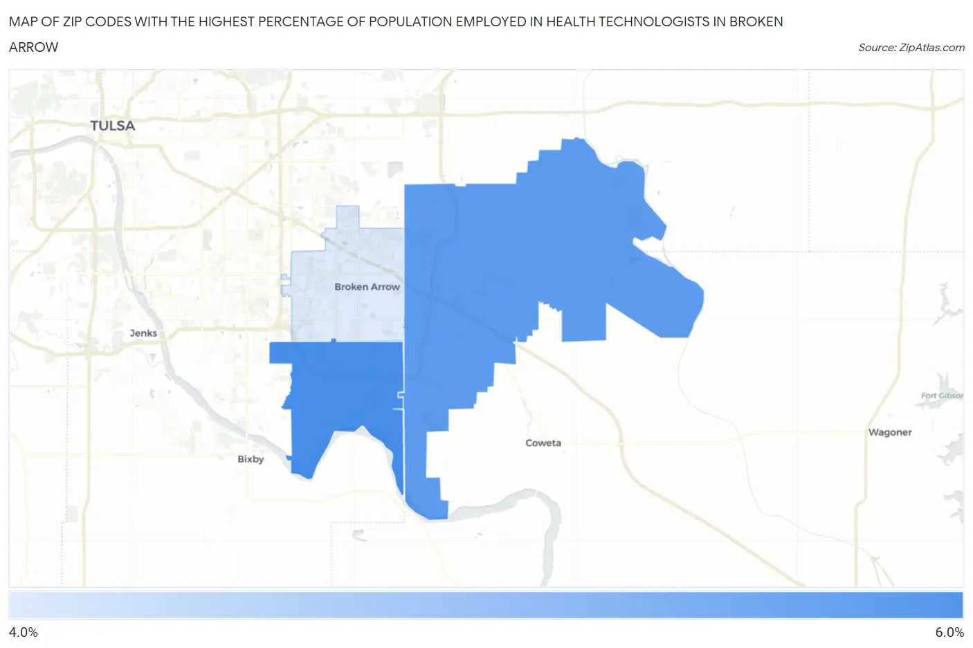 Zip Codes with the Highest Percentage of Population Employed in Health Technologists in Broken Arrow Map