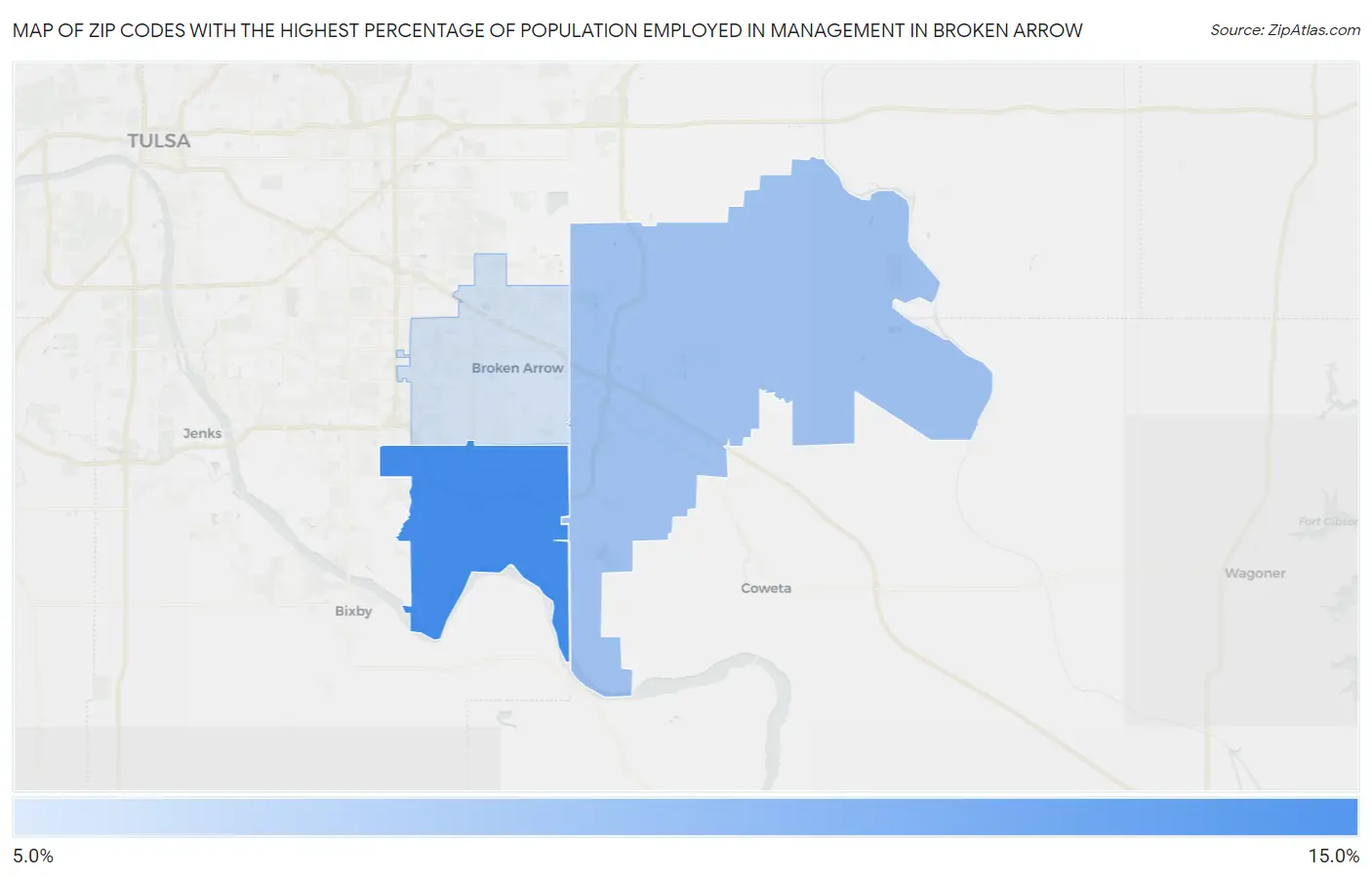 Zip Codes with the Highest Percentage of Population Employed in Management in Broken Arrow Map