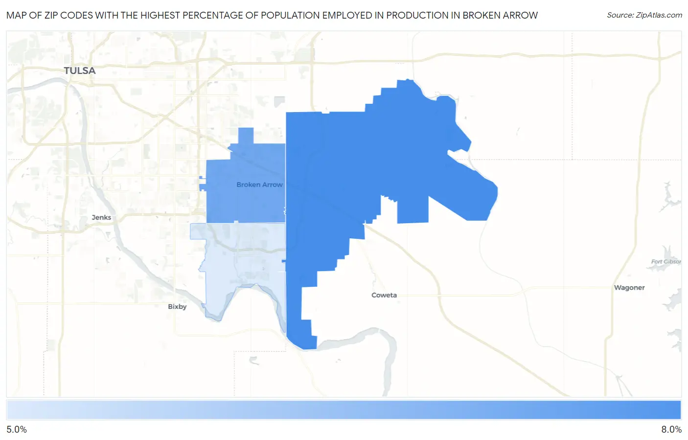 Zip Codes with the Highest Percentage of Population Employed in Production in Broken Arrow Map