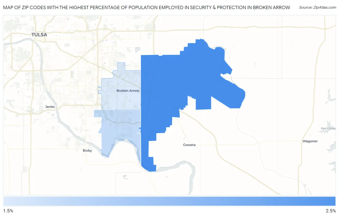 Zip Codes with the Highest Percentage of Population Employed in Security & Protection in Broken Arrow Map