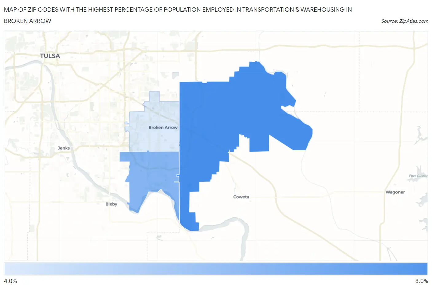 Zip Codes with the Highest Percentage of Population Employed in Transportation & Warehousing in Broken Arrow Map