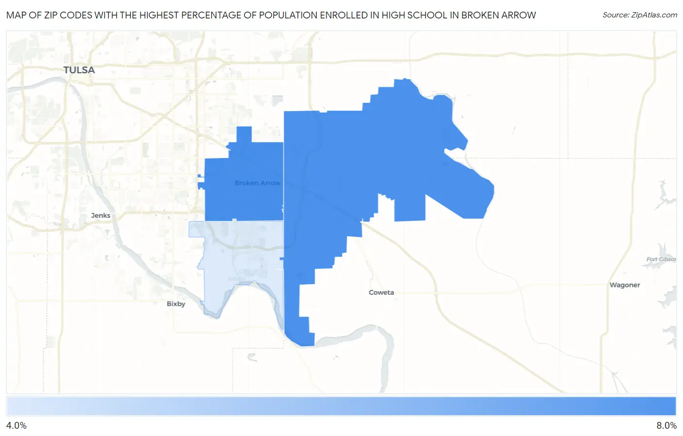 Zip Codes with the Highest Percentage of Population Enrolled in High School in Broken Arrow Map