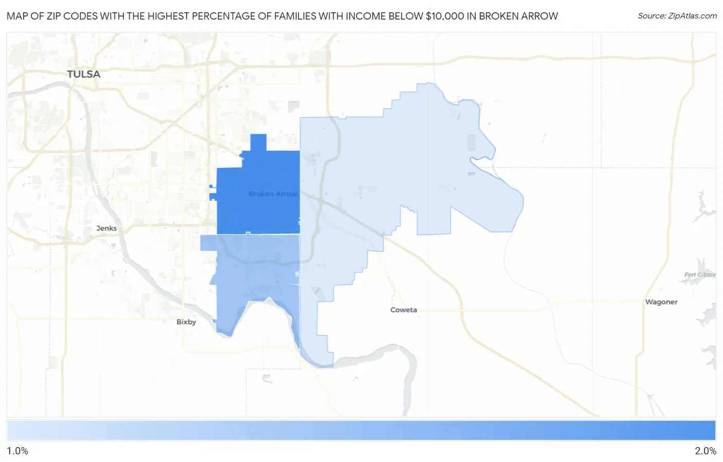 Zip Codes with the Highest Percentage of Families with Income Below $10,000 in Broken Arrow Map