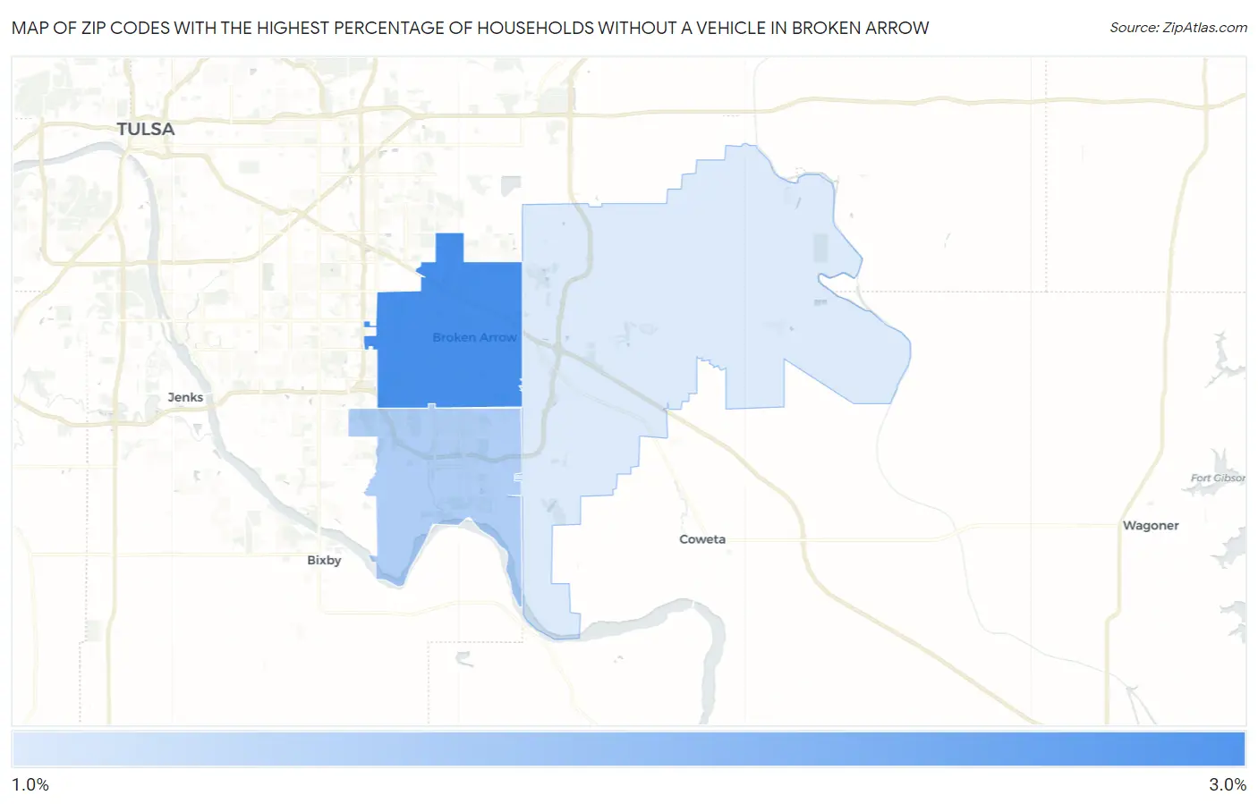 Zip Codes with the Highest Percentage of Households Without a Vehicle in Broken Arrow Map