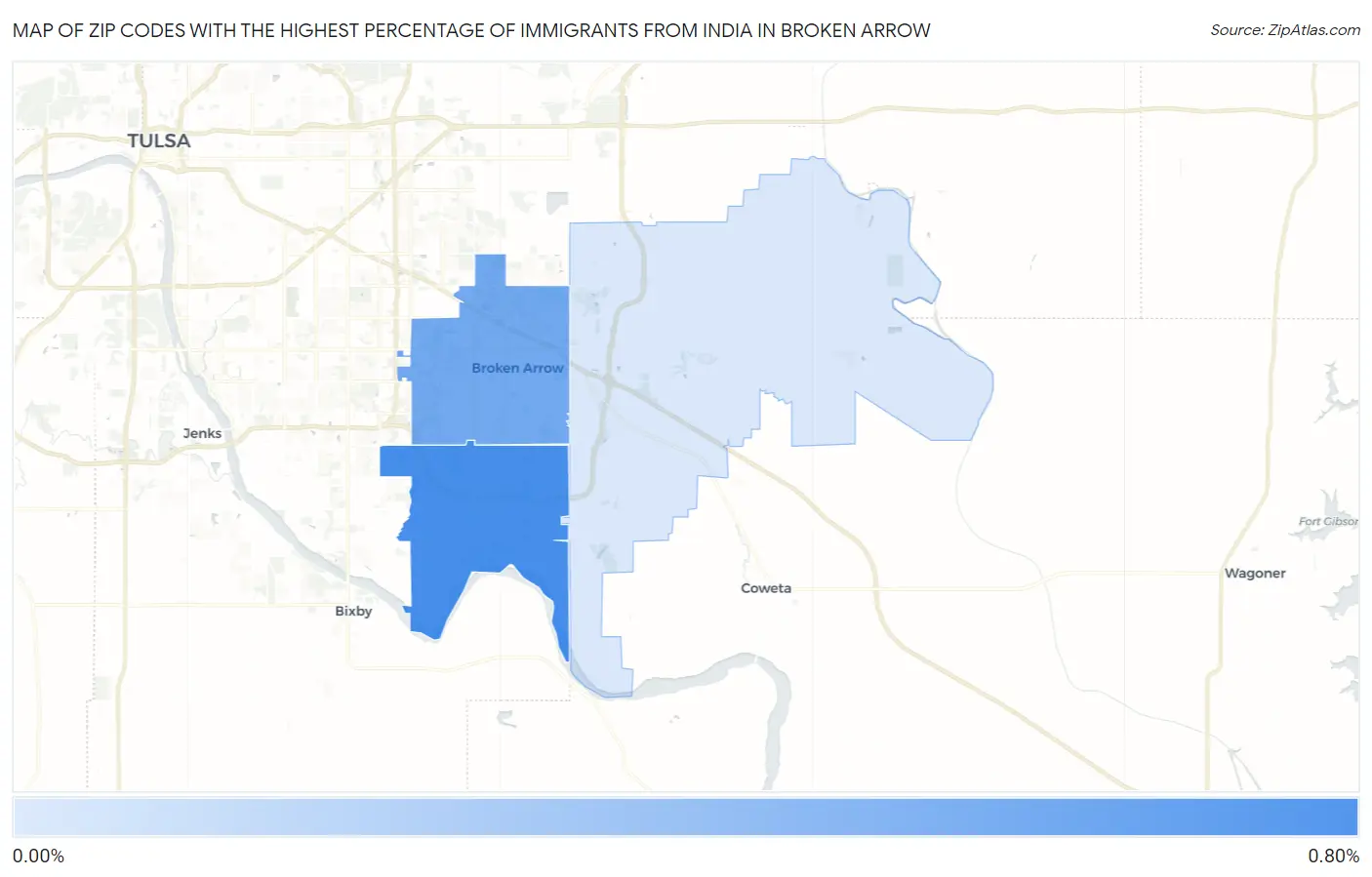Zip Codes with the Highest Percentage of Immigrants from India in Broken Arrow Map
