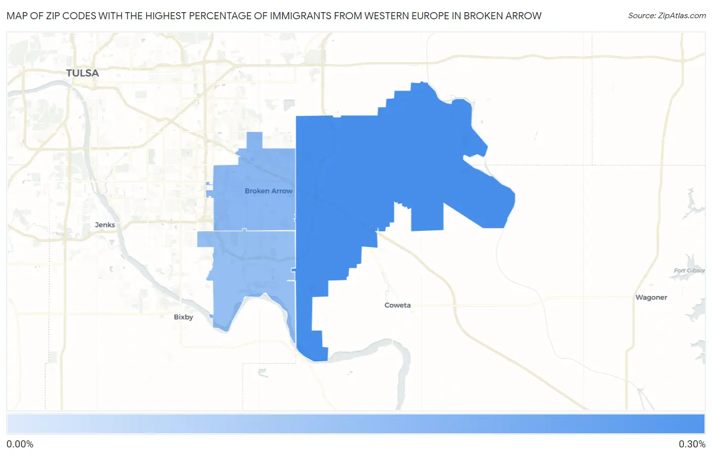 Zip Codes with the Highest Percentage of Immigrants from Western Europe in Broken Arrow Map