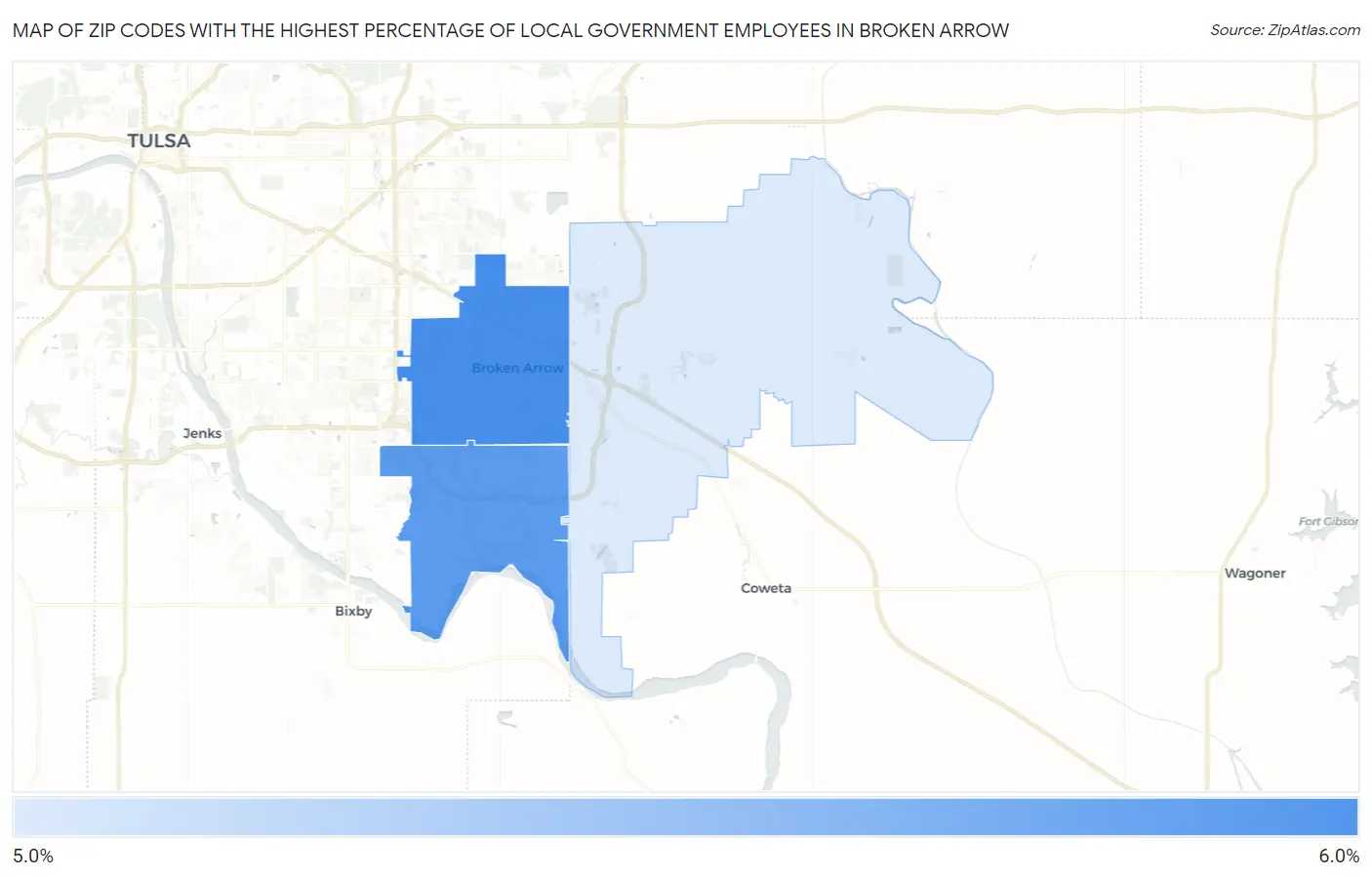Zip Codes with the Highest Percentage of Local Government Employees in Broken Arrow Map
