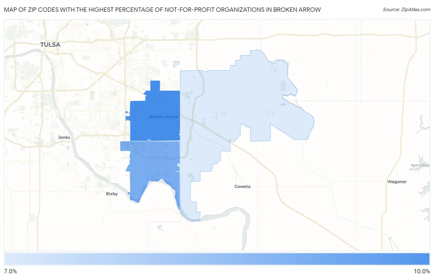 Zip Codes with the Highest Percentage of Not-for-profit Organizations in Broken Arrow Map