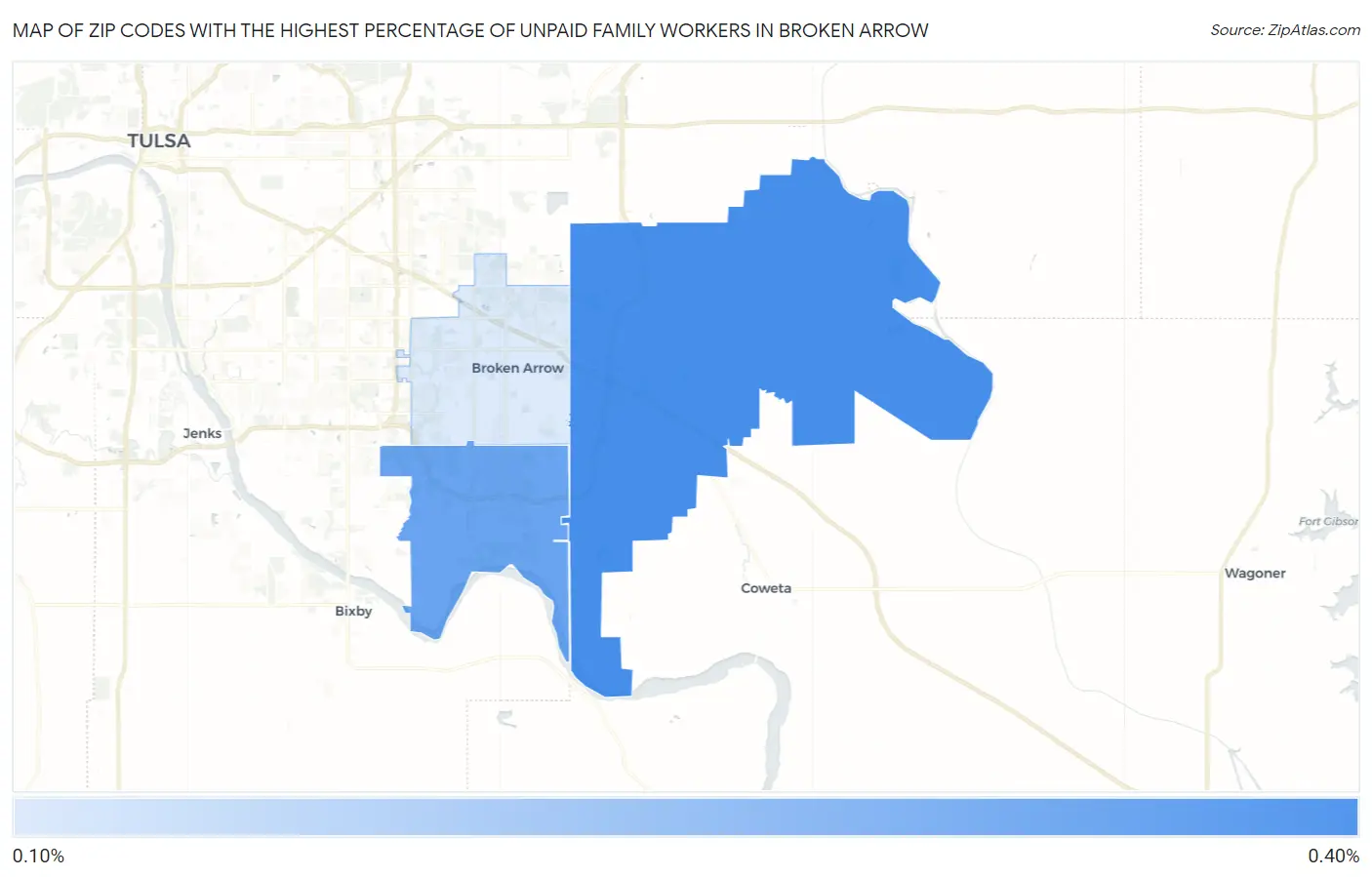 Zip Codes with the Highest Percentage of Unpaid Family Workers in Broken Arrow Map