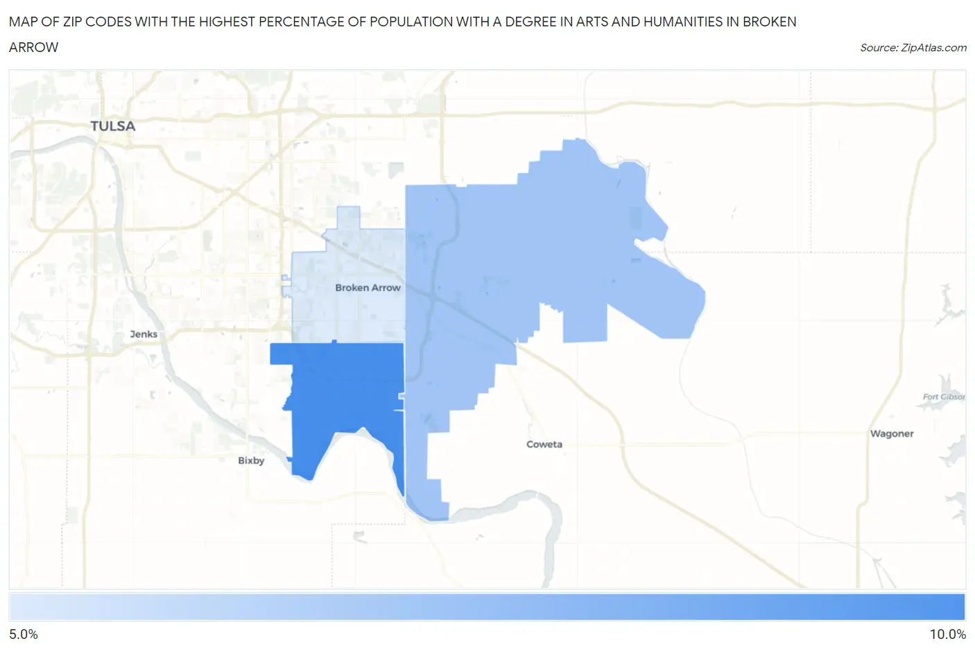 Zip Codes with the Highest Percentage of Population with a Degree in Arts and Humanities in Broken Arrow Map