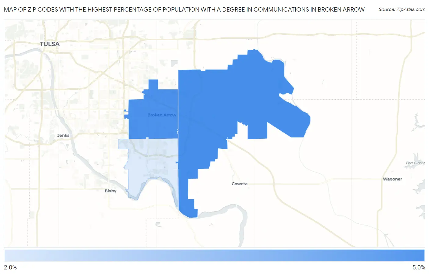 Zip Codes with the Highest Percentage of Population with a Degree in Communications in Broken Arrow Map